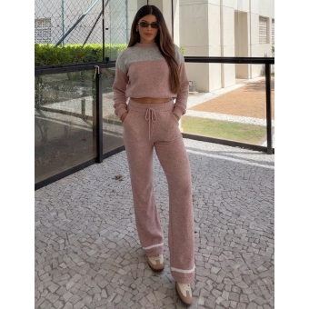 Conjunto Bicolor Tricot Inverno Blusa E Calça Pantalona