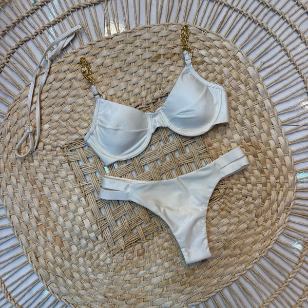 Kit 03 Itens Biquíni Corrente E Lisa Calcinha Com Tiras - Off