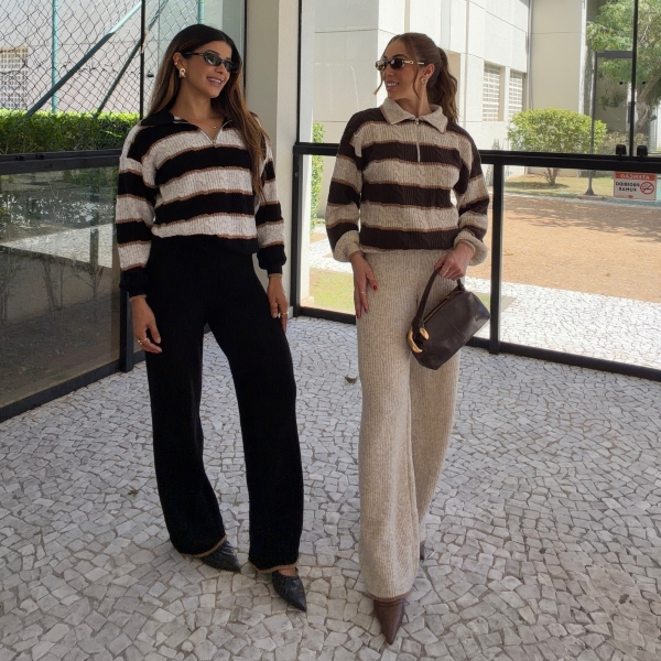 Conjunto Tricot Feminino Blusa Polo Listrada Zíper e Calça - Areia