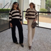 Conjunto Tricot Feminino Blusa Polo Listrada Zíper e Calça - Areia