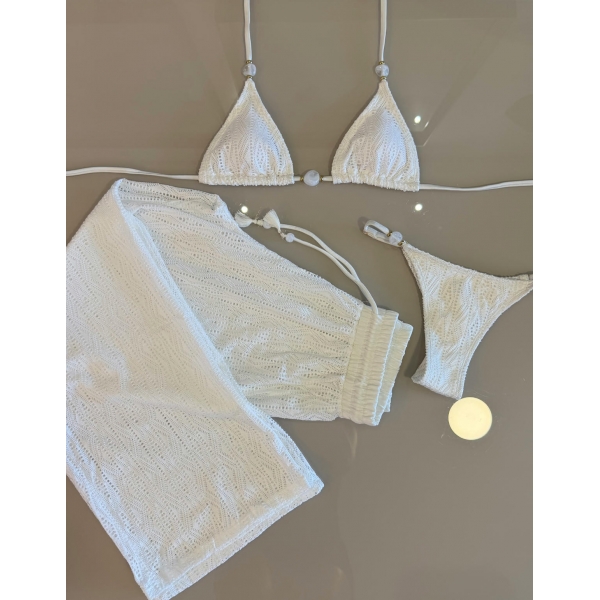 Conjunto Triquíni Cortininha Com Calça Pantalona 3 Peças - Branco