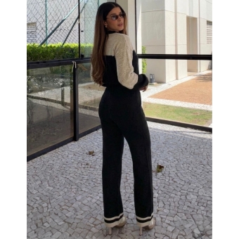 Conjunto Bicolor Tricot Inverno Blusa E Calça Pantalona