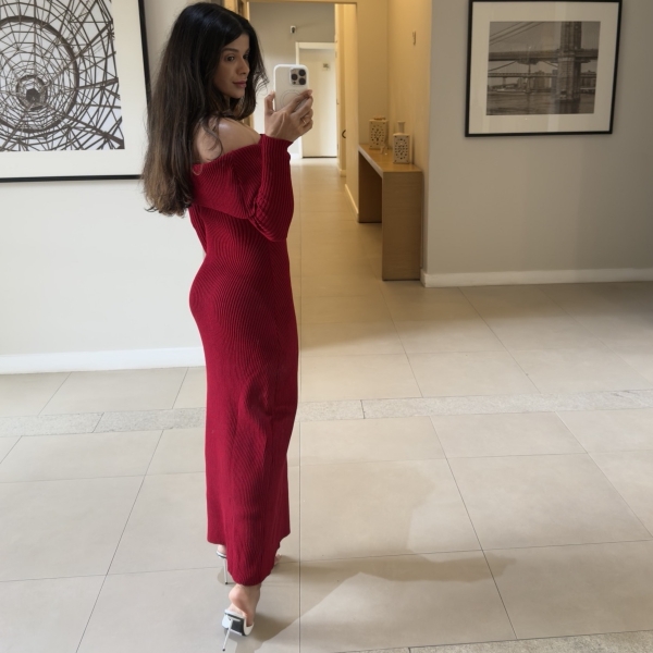 Vestido Modal Canelado Ombro a Ombro Midi com Manga Longa - Vermelho