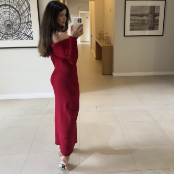 Vestido Modal Canelado Ombro a Ombro Midi com Manga Longa