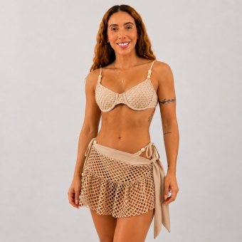 Kit Biquíni Meia Taça De Renda E Calcinha De Amarrar E Saia