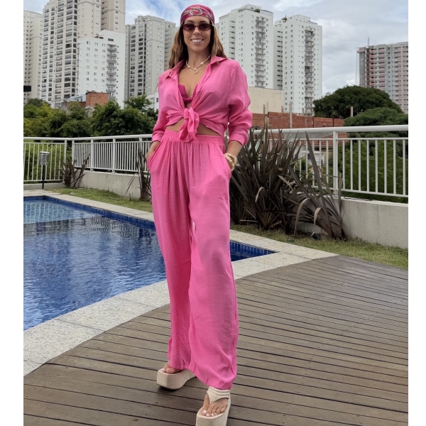Saída de Praia Feminina Conjunto Camisa e Calça - Rosa