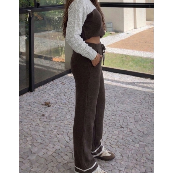 Conjunto Bicolor Tricot Inverno Blusa E Calça Pantalona - Marrom/Mescla