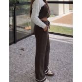 Conjunto Bicolor Tricot Inverno Blusa E Calça Pantalona - Marrom/Mescla
