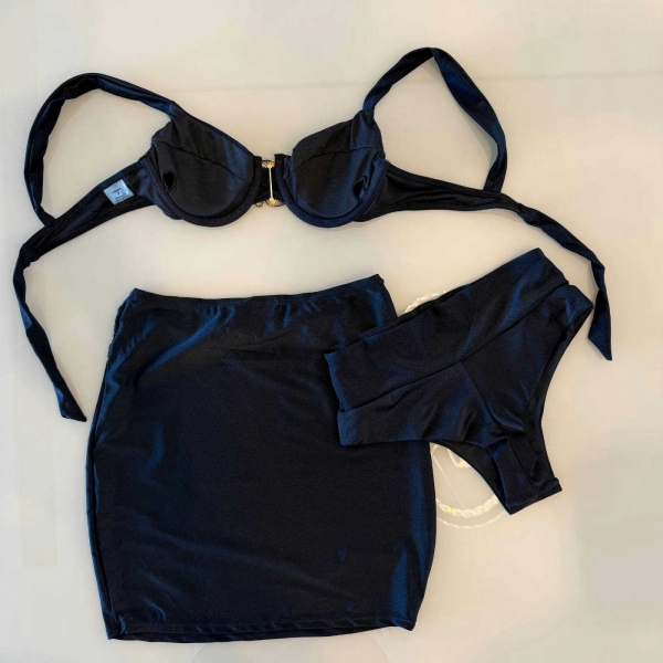 Trio De Biquíni Cintura Alta Saia E Top Com Detalhe Dourado - Preto