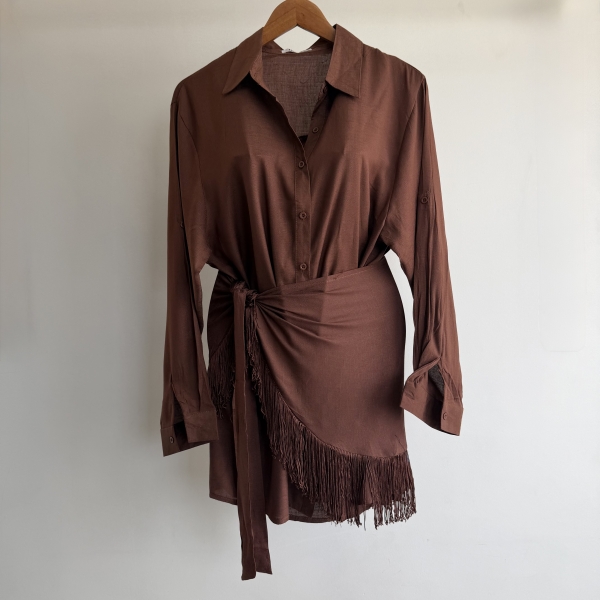 Conj Saída De Praia Chemise Manga Longa E Saia Franja Resort - Marrom