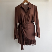 Conj Saída De Praia Chemise Manga Longa E Saia Franja Resort - Marrom