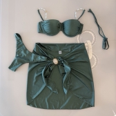 Kit 3 Pçs Biquíni Feminino + Pareô Alças Removíveis Pérolas - Verde Militar