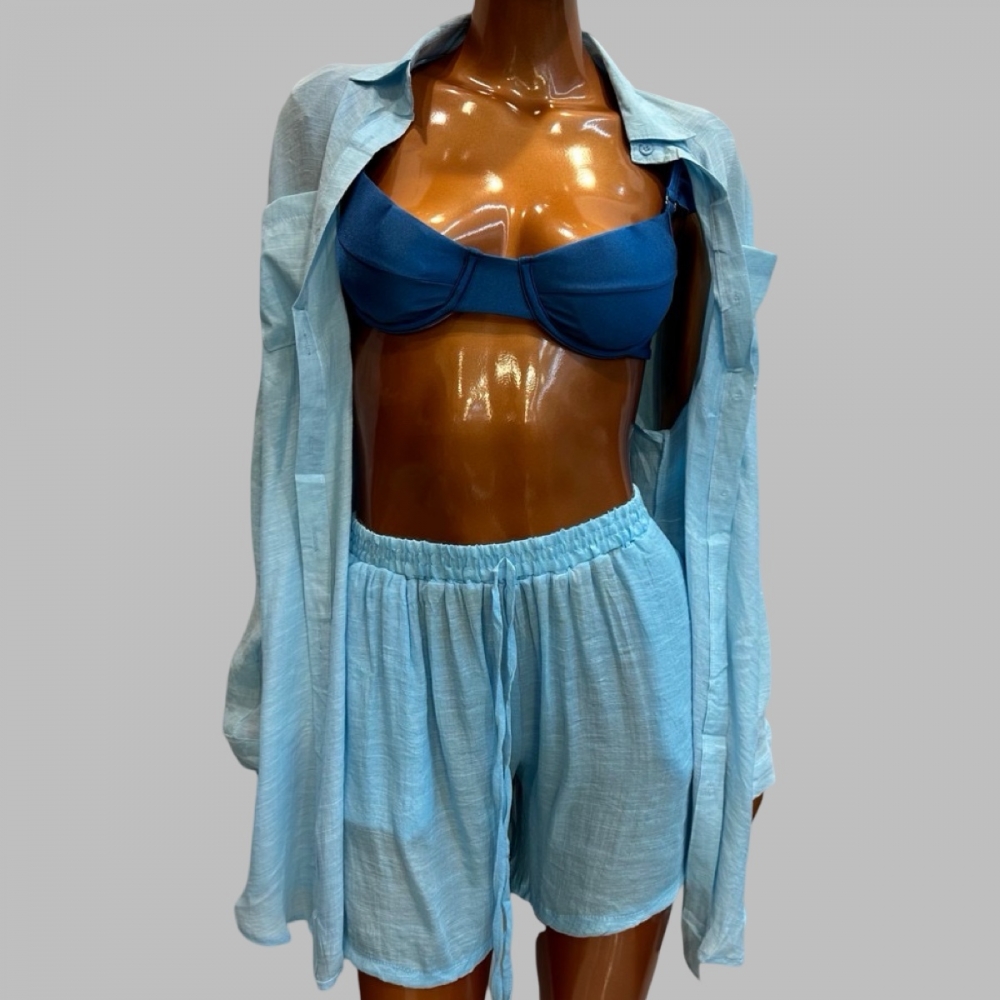 Conjunto Saída De Praia Viscolinho - Chemise e Short - Azul Claro