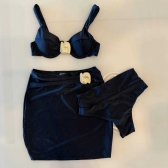 Trio De Biquíni Cintura Alta Saia E Top Com Detalhe Dourado - Preto