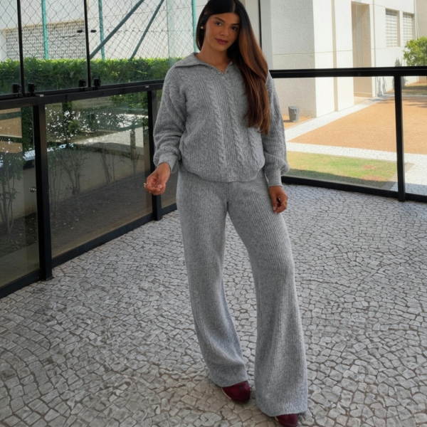 Conjunto Tricot Mousse Blusa Gola Polo Botões e Calça - Cinza