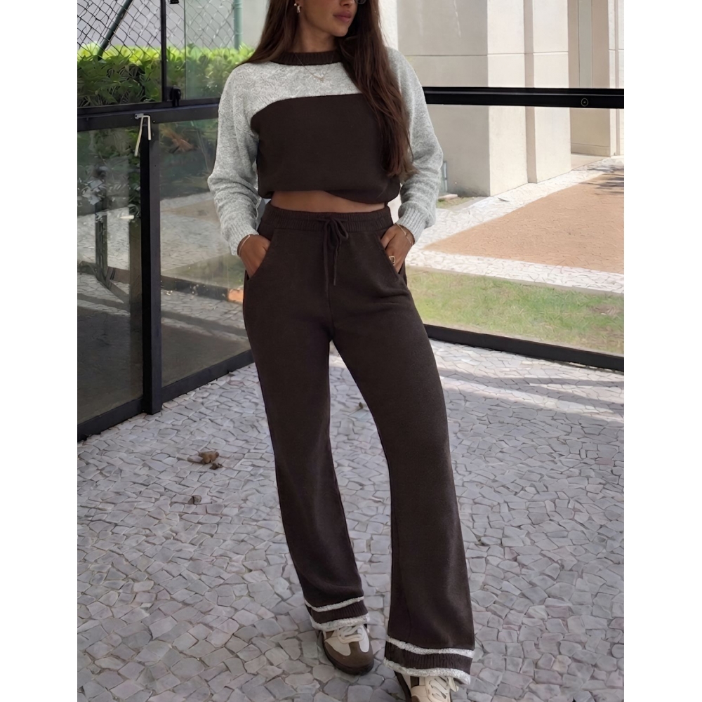 Conjunto Bicolor Tricot Inverno Blusa E Calça Pantalona - Marrom/Mescla
