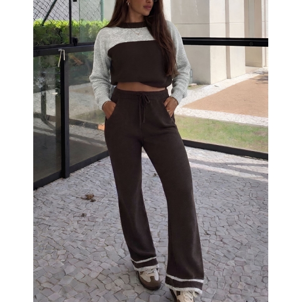 Conjunto Bicolor Tricot Inverno Blusa E Calça Pantalona - Marrom/Mescla