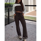 Conjunto Bicolor Tricot Inverno Blusa E Calça Pantalona - Marrom/Mescla