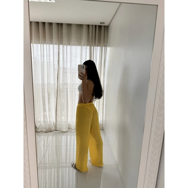 Blusa E Calça Em Tecido Leve  Saída De Praia Lisa - Amarelo