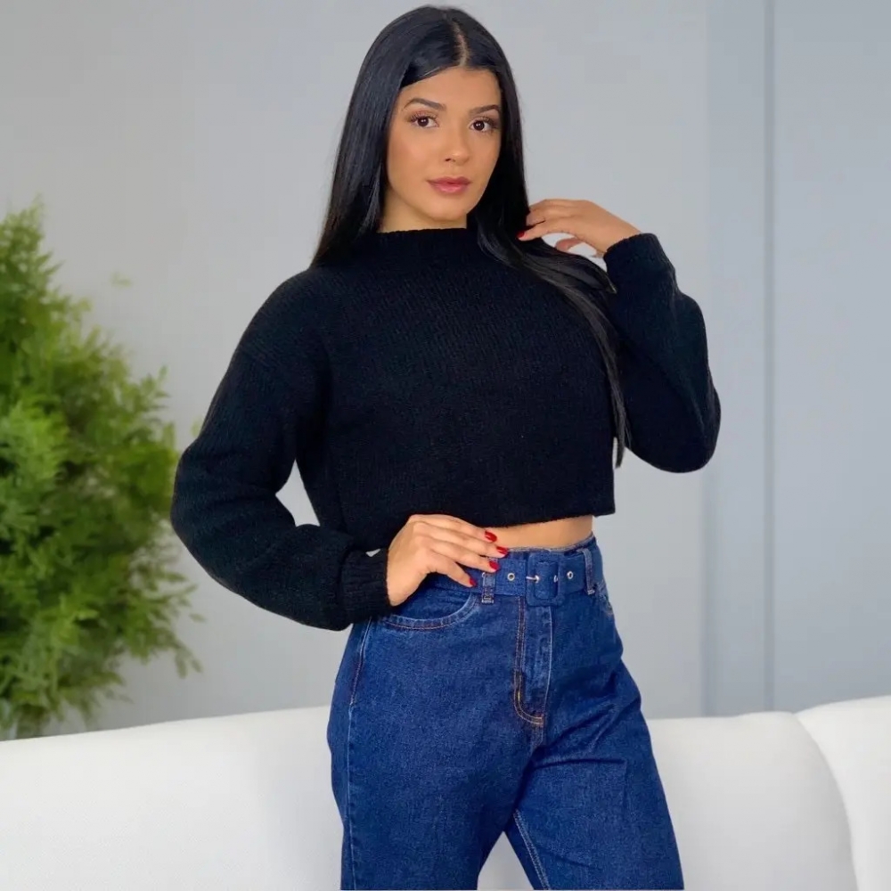 Blusa Cropped Mousse Feminina Elly Modas Manga Longa Inverno - Preto