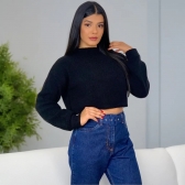 Blusa Cropped Mousse Feminina Elly Modas Manga Longa Inverno - Preto