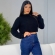 Blusa Cropped Mousse Feminina Elly Modas Manga Longa Inverno - Preto