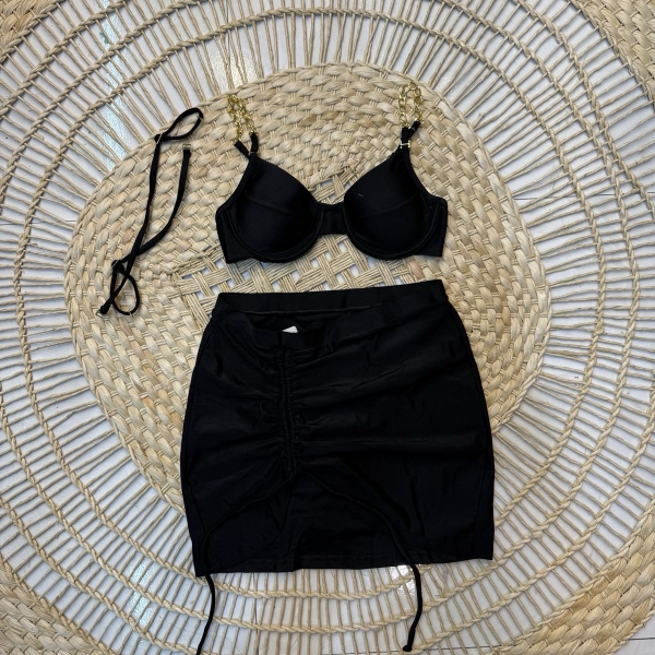 Kit 03 Itens Biquíni Corrente E Lisa Calcinha Com Tiras - Preto