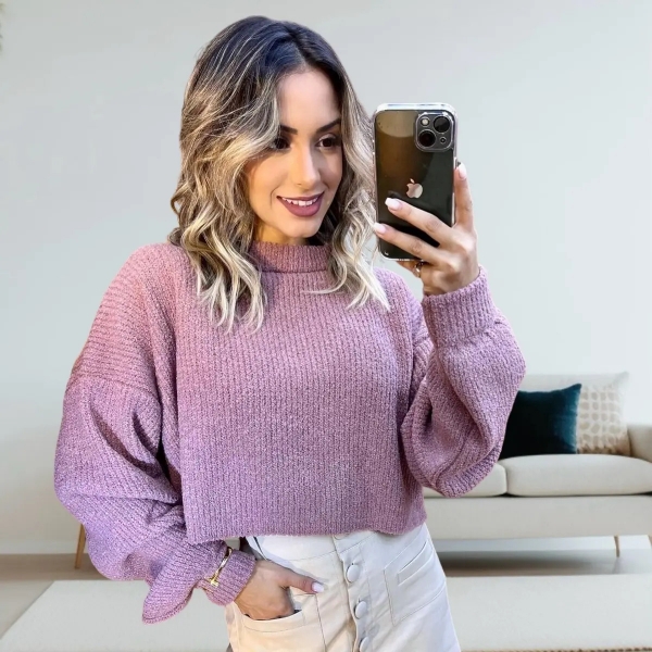 Blusa Cropped Mousse Feminina Elly Modas Manga Longa Inverno - Rosé Escuro