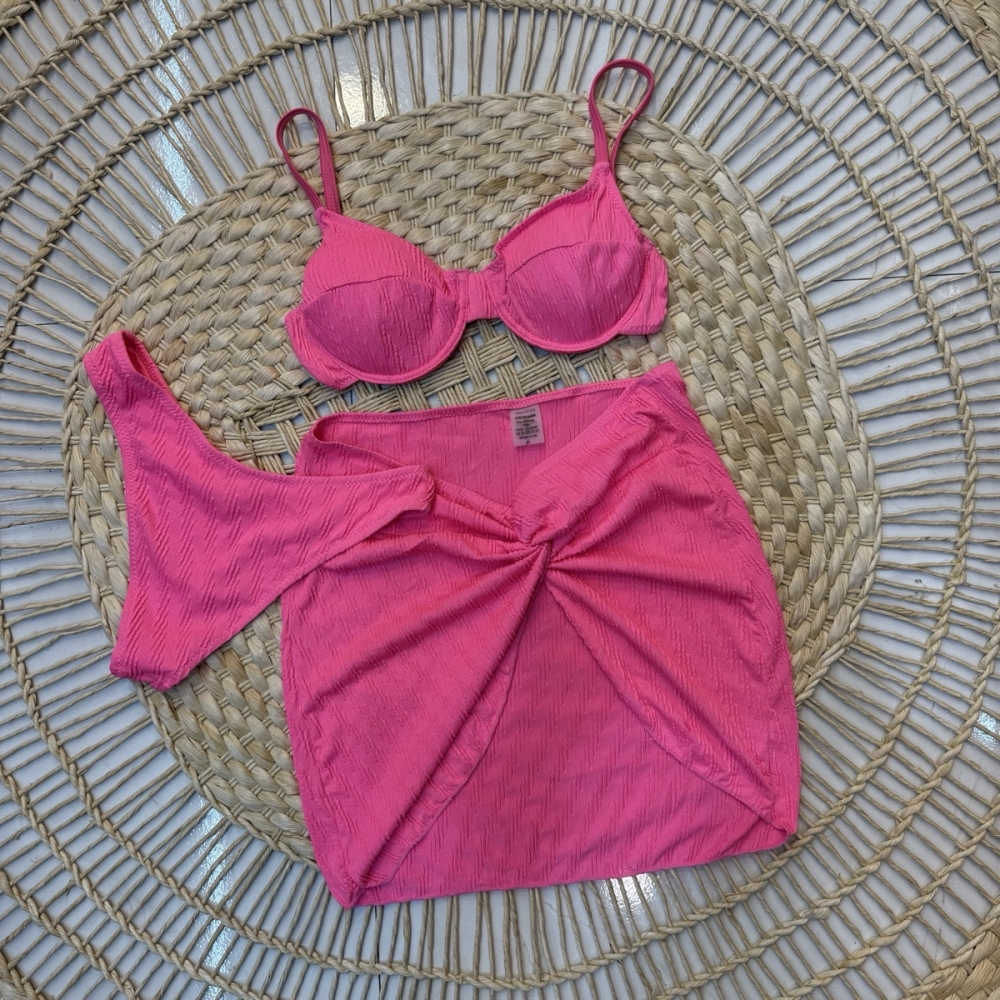 Trio Biquíni Texturizado Com Saia Transpassada - Rosa