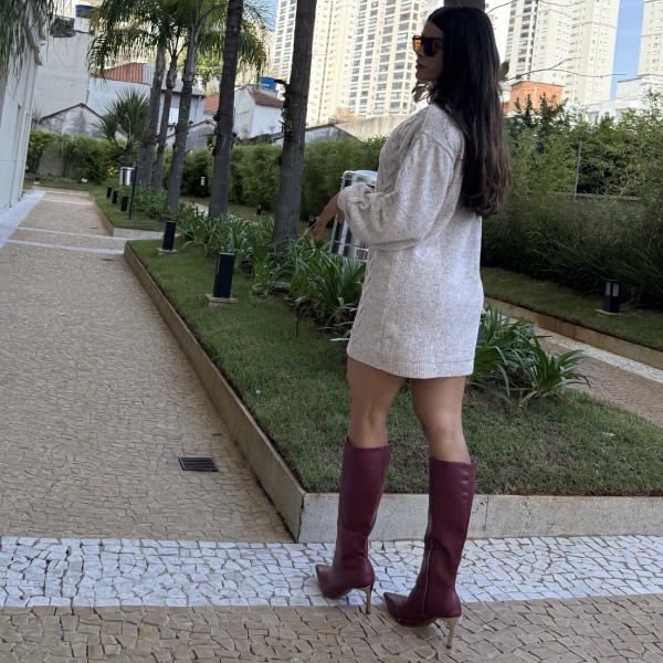 Vestido Curto Tricot Mousse com Trama Trancada e Manga Longa - Mescla
