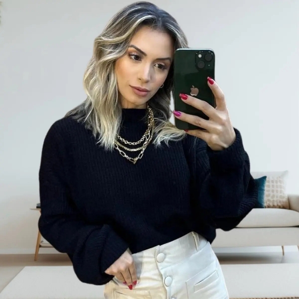 Blusa Cropped Mousse Feminina Elly Modas Manga Longa Inverno - Preto