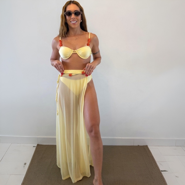 Kit 3 Ítens Biquíni Saia Longa Transparente Pérolas Laterais - Amarelo