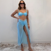 Kit Biquini Com Detalhe e Saia Pareô Transparente Cruzada - Azul