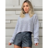 Blusa Cropped Mousse Feminina Elly Modas Manga Longa Inverno - Cinza