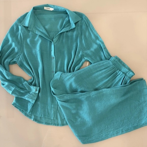 Saída de Praia Feminina Conjunto Camisa e Calça - Verde Agua