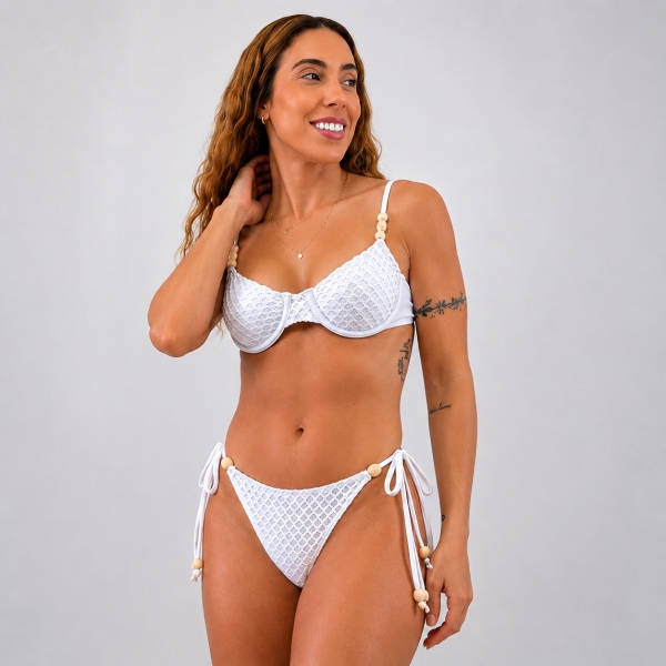 Biquíni Meia Taça Trama Rendada E Calcinha De Amarrar - Branco