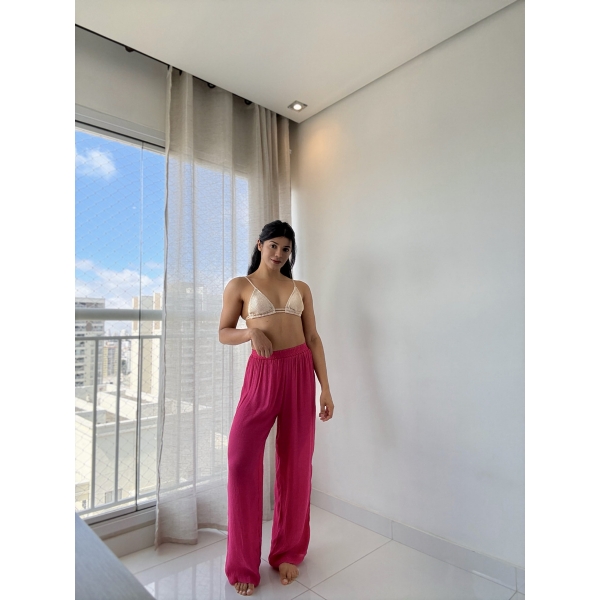 Blusa E Calça Em Tecido Leve  Saída De Praia Lisa - Pink