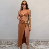 Kit 03 itens Biquíni Com Saída D Praia Longa Estrela Do Mar - Marrom