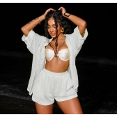 Cj Saída De Praia De Renda Blusa Manga 3/4 e Short - Branco