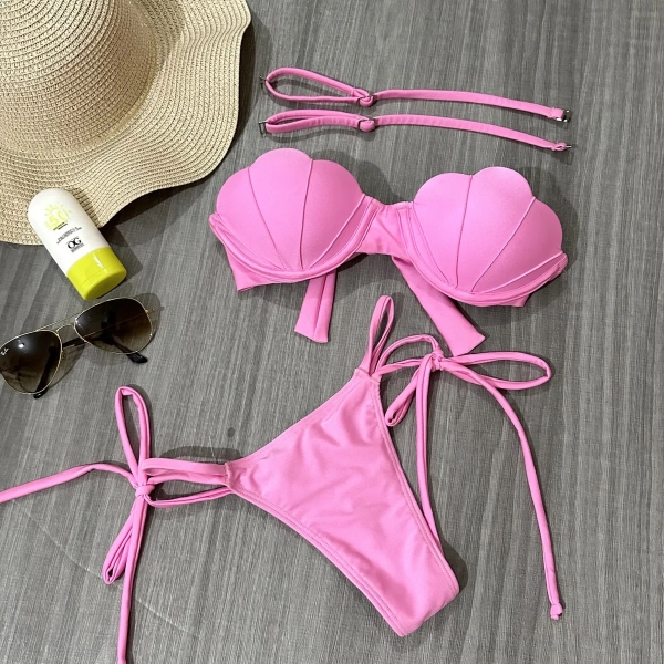 Biquíni Top Concha Calcinha Fio Duplo Com Amarrações - Rosa Bebe