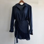 Conj Saída De Praia Chemise Manga Longa E Saia Franja Resort - Azul Marinho