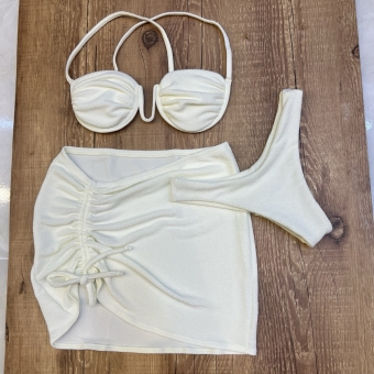 Kit 03 Itens Biq Aro V Canelado Calcinha Asa Delta e Saia