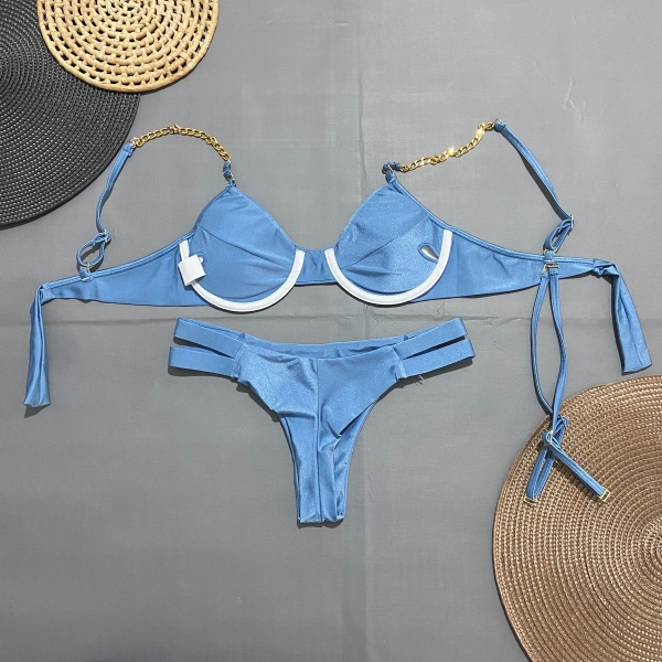 Kit 03 Itens Biquíni Corrente E Lisa Calcinha Com Tiras - Azul-aço