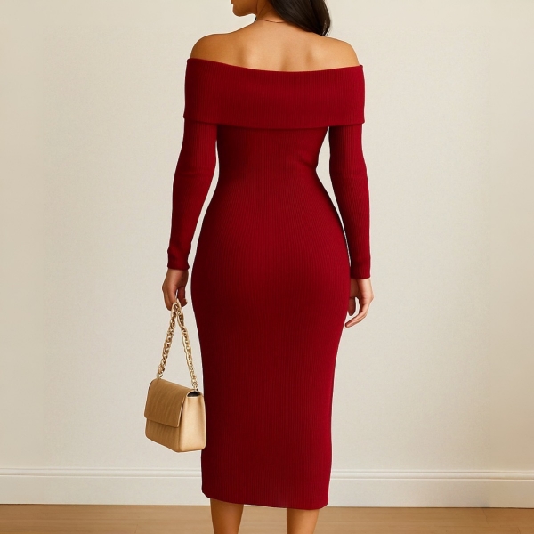 Vestido Modal Canelado Ombro a Ombro Midi com Manga Longa - Vermelho