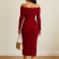Vestido Modal Canelado Ombro a Ombro Midi com Manga Longa - Vermelho