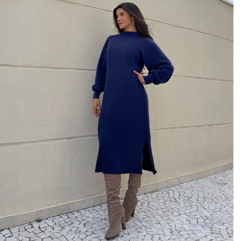 Vestido De Tricot Graça Canelado Midi Com Fendas - Azul Marinho