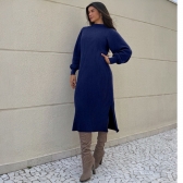 Vestido De Tricot Graça Canelado Midi Com Fendas - Azul Marinho