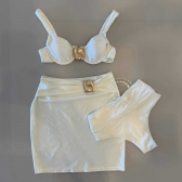 Trio De Biquíni Cintura Alta Saia E Top Com Detalhe Dourado - Off White