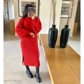 Vestido De Tricot Graça Canelado Midi Com Fendas - Vermelho