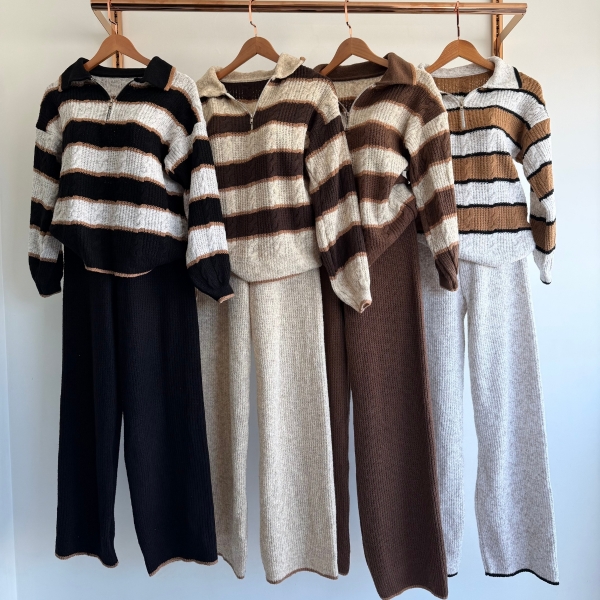 Conjunto Tricot Feminino Blusa Polo Listrada Zíper e Calça - Areia